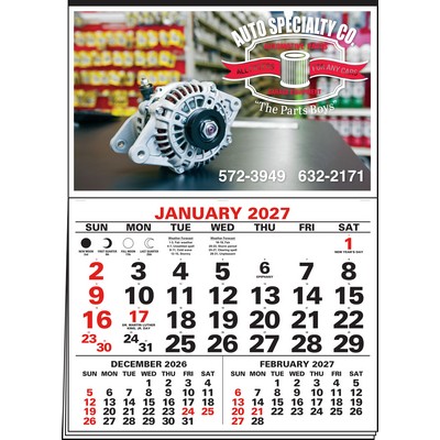 3-Months-In-View 4-Color Imprint Half Apron Calendar (Red & Black)