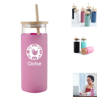 Nordic Glass Tumbler W/ Silicone Cover - 17 Oz. W/ Bamboo Straw And Lid
