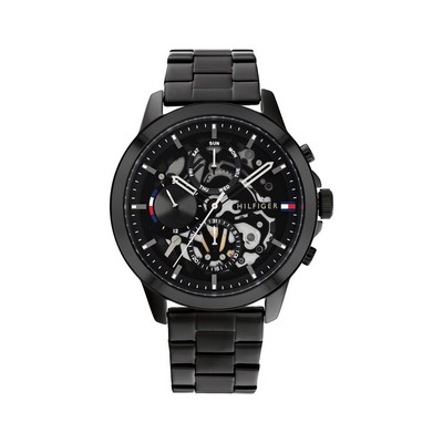 Tommy Hilfiger® Gent's Black Steel Watch w/Black Skeleton Dial
