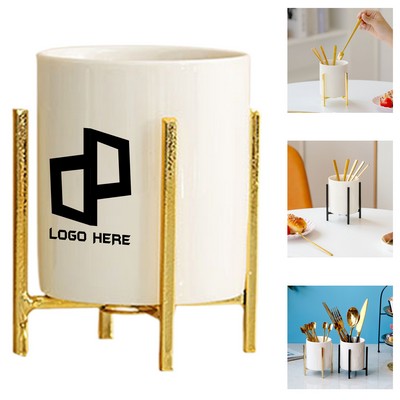 Durable Ceramic Pen Holder W/ Gold Bracket