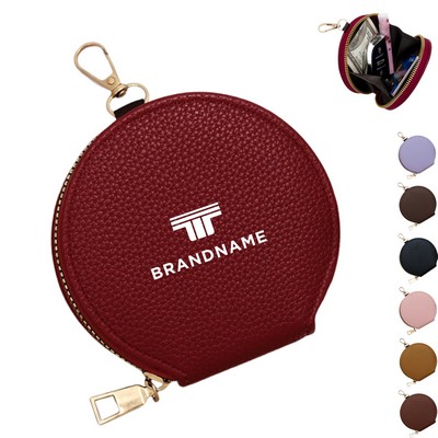 Round Leather Coin Purse with Keychain