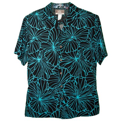 Teal Blue Hawaiian Soft & Supple Tropical Print Shirt w/Genuine Coconut Buttons