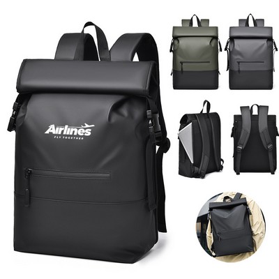 Men's Laptop Backpack PU Leather Polyester Casual Roll Top Design