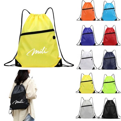 Drawstring Sports Bag with Front Zipper Pocket & Earphone Slot 13.5" x 18 "