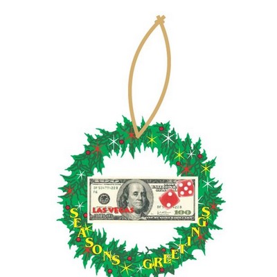 Las Vegas Dice $100 Bill Wreath Ornament w/ Black Back (3 Square Inch)