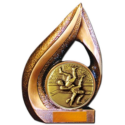 Stock 9" Flame Trophy with 2" Wrestling Coin and Engraving Plate