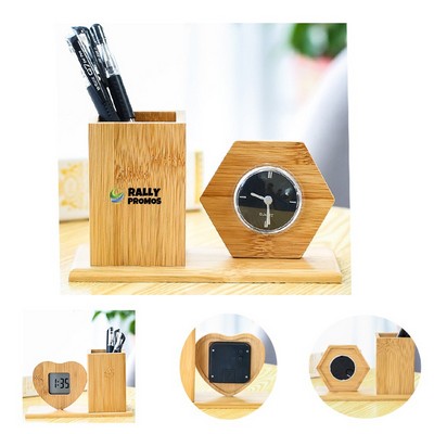 Wooden Pen Holder With Digital Clock