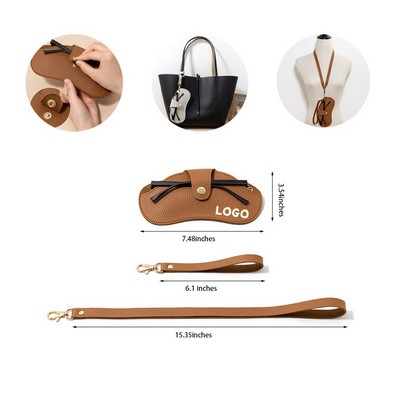 Pu Leather Glasses Bag W/Wrist Strap & Neck Rope Lanyard