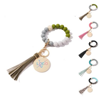 Wood Tag Silicone Bead Keychain Wristlet
