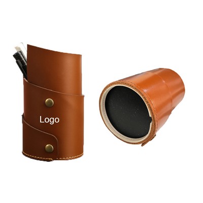 Beautiful Leather Round Desk Storage Pen Slip Pocket