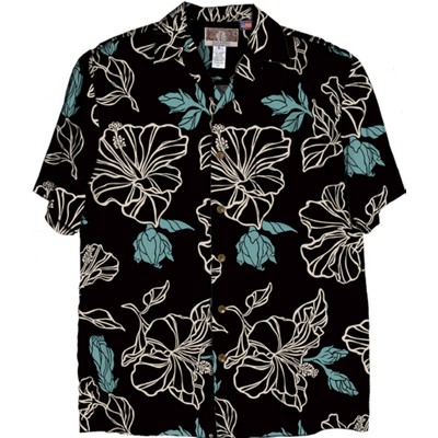 Soft & Supple Silky Rayon Black Tropical Print Hawaiian Shirt w/Genuine Coconut Buttons