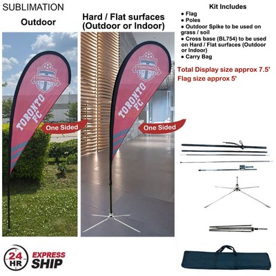 24H Express Ship- 7.5' Small Tear Drop Flag Kit, Full Color Graphic One Side, Outdoor & Indoor bases