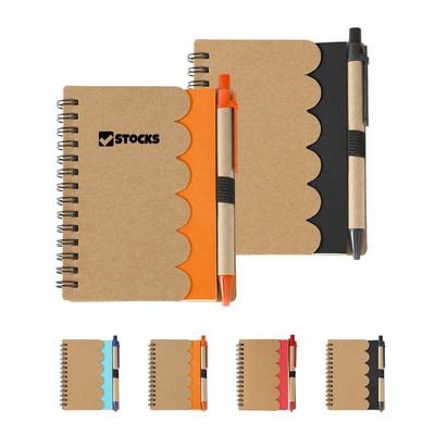 Wave Kraft Cover Pocket Spiral Notebook Journal W/ Pen 4"x5"