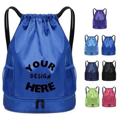 Waterproof Drawstring Backpack w/ Shoe Pocket & Mesh Sides - Large Sports Gym Cinch Bag