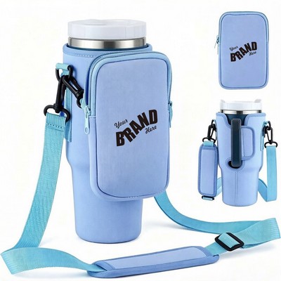Hands-Free Neoprene Tumbler Sleeve w/ Detachable Zipper Pouch