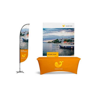 Straight Banner Indoor Kit w Dye Sub 12' 2-sided Feath Flag, 6' Table Cover & 8' Straight Display