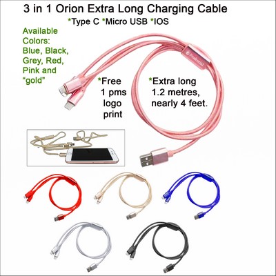3" 1 Orion Extra Long Charging Cable Pink