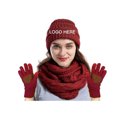 Winter Knit Beanie & Gloves Scarf Set