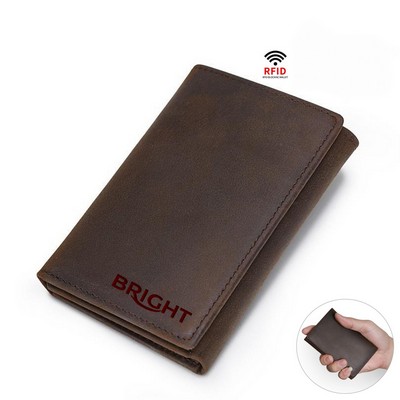 Full Grain Crazy Horse Leather RFID Trifold Wallet