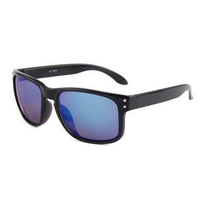 Recycled Event Sunglasses - Blue Mirror Lenses - Black Frames