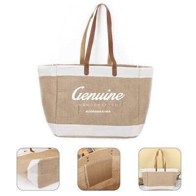 Large Natural Jute Boat Tote Bag with Leather Handles