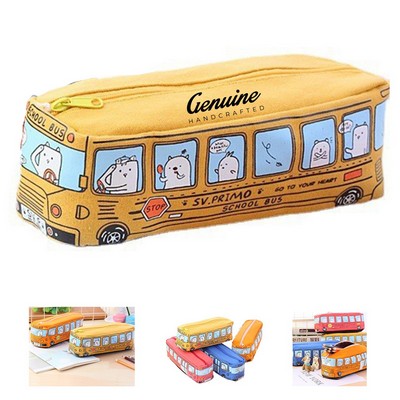 Canvas Cartoon City Bus Pencil Pouch