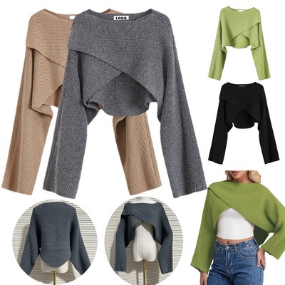 Custom Women's Pullover Jumper Tops Asymmetrical Knit Crop Sweater
