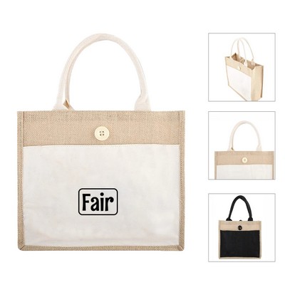 Large Two Tone Jute Shopping Tote Bag W/ Front Pocket