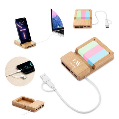 Bamboo Desk Organizer & Phone Stand with USB Type-C Hub Port
