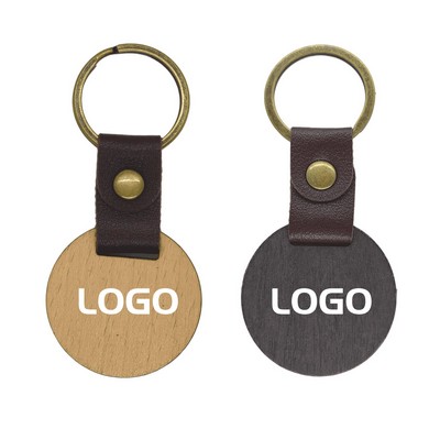 Black Walnut And Leather Keychain With Brass Ring And Custom Logo