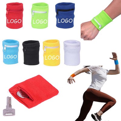 Sports Polyester Cotton Wrist Wallet Wristband Sweatband W/ Zipper
