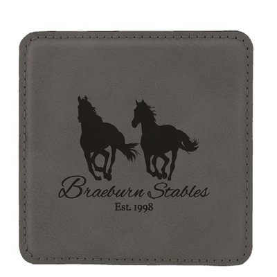 Square Coaster, Gray Faux Leather, Engraved, 4x4"