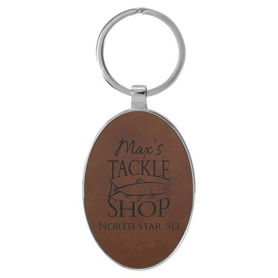 3" x 1 3/4" Leatherette/Metal Dark Brown Oval Keychain