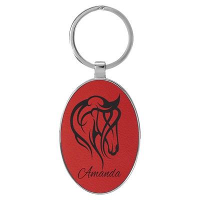 3" x 1 3/4" Leatherette/Metal Red Oval Keychain