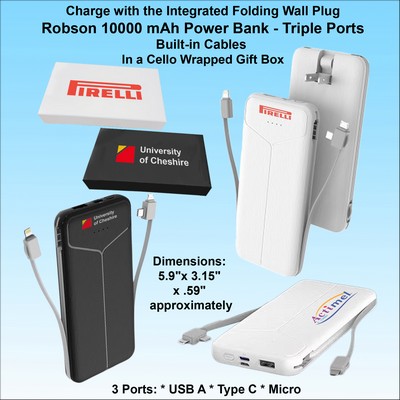 Robson 10000 mAh Power Bank, Integrated Wall Plug&Charging Cables, Printed Gift Box