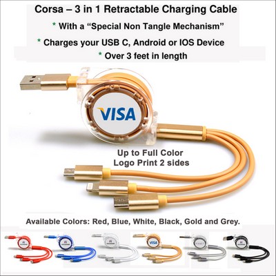 Corsa 3" 1 Retractable Charging Cable - Gold