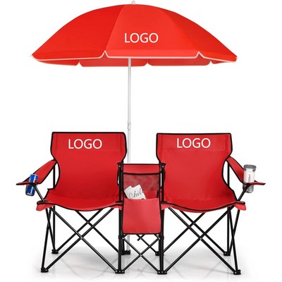 Oxford Cloth Double Folding Chair With Umbrella And Built-In Cooler Bag