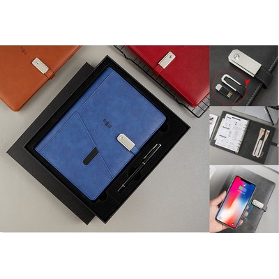 8000mah Wireless Charger Notebook Business Gift with 16GB USB Flash Drive and Ball Pen