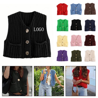 Women's Knitted V-Neck Cardigan Vest