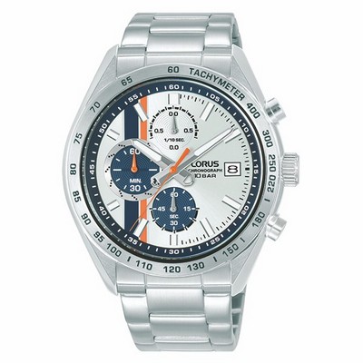 Lorus Men RM399J chronograph Watch - Silver, Blue and Orange