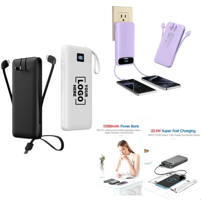 Three-In-One Power Bank With Ac Plug Fast Charging Built-In Cable Portable Charger