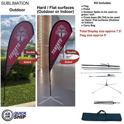 48Hr Quick Ship - 7.5' Small Tear Drop Flag Kit, Full Color Graphic 2 Sided, Outdoor & Indoor base