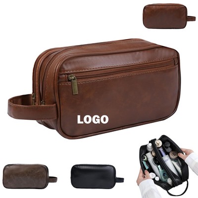 Men's Travel Toiletry Bag Portable Double Layer PU Leather Wash Pouch