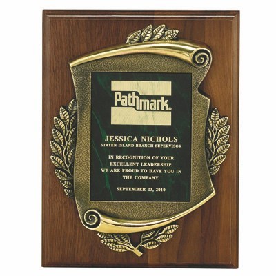 Genuine Walnut Plaque w/Cast Antique Brass Frame & Colored Plate (9"x 12")
