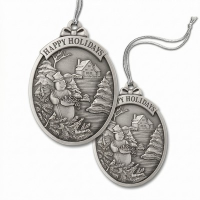 Mini Stock Design Happy Holidays Farmhouse Snow Scene Pewter Ornament