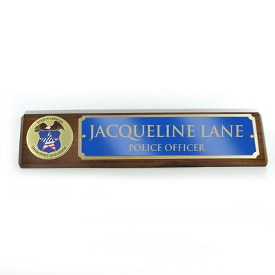 Genuine Walnut Desk Block w/Police Medallion & Blue Plate