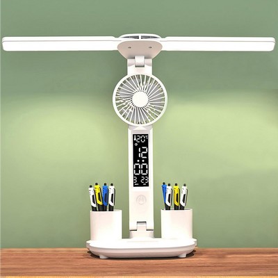 Desk lamp, LED Desk Lamps with Fans, USB Charging Port, Adjustable Foldable Table Lamp with Clock,