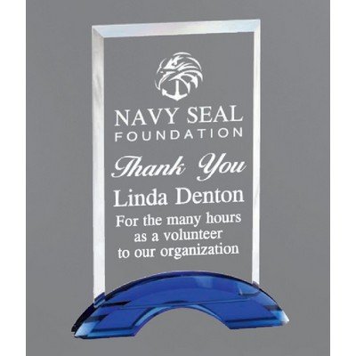 Cascata Rectangle Crystal Award with Blue Base, 8"H
