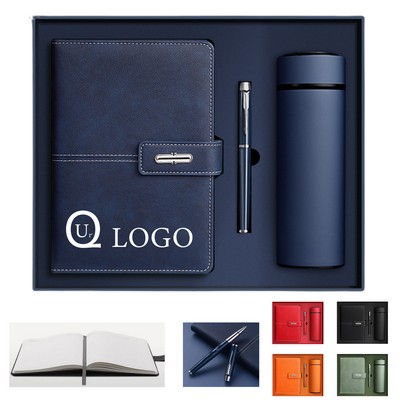 Leather Business Gift Set w/ Notebook, Pen and Thermos