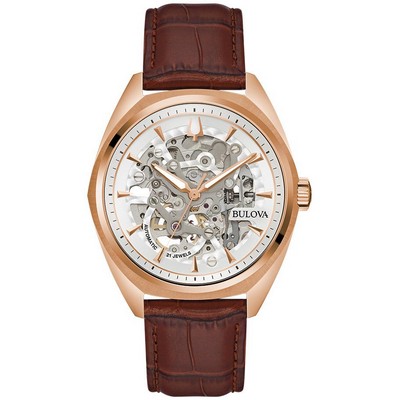 Bulova Watches Men's Surveyor Automatic Brown Leather Strap Watch,Silver White Dial